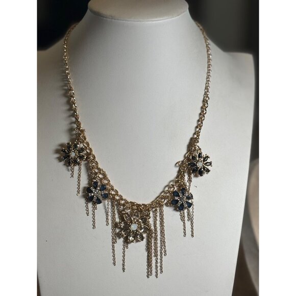 Gold Floral Statement fringe Necklace With Blue & Clear Gem Accents Dangle Chai - Picture 8 of 12
